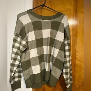 Cynthia Rowley Olive Green and Cream Check Crewneck Sweater